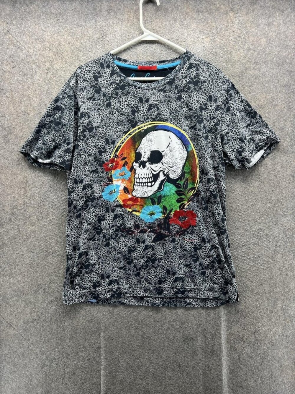 Robert Graham Shirt Mens Large Black Skull Floral Graphic Tee Crewneck Tagless